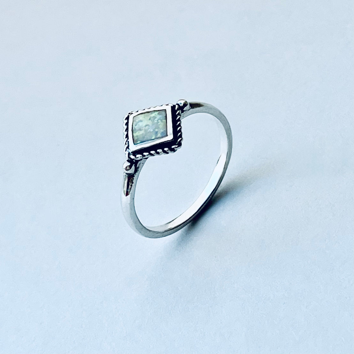 Sterling Silver Diamond Shape White Lab Opal Ring with Braid – Dainty October Birthstone Rings