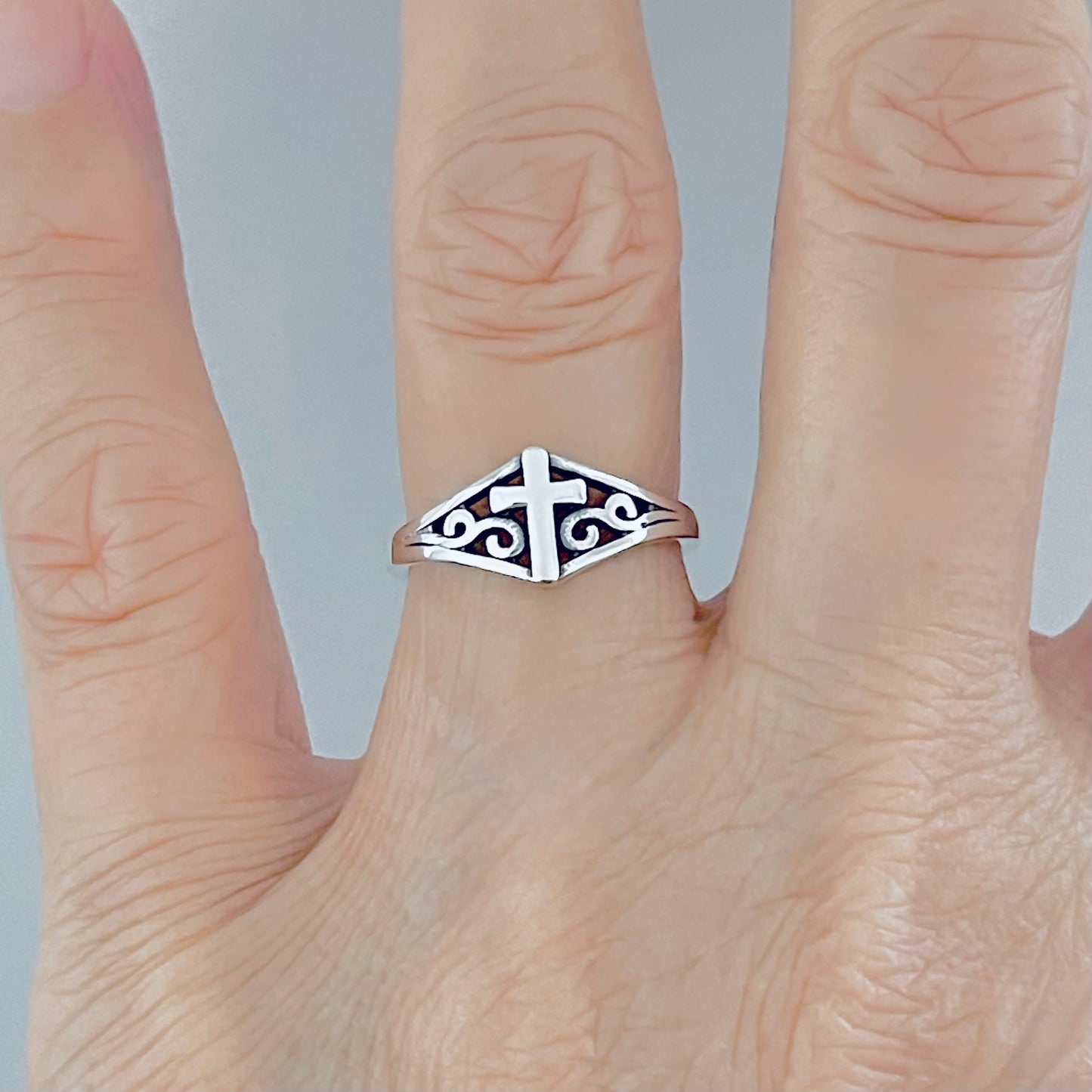 Sterling Silver Swirl Cross Ring – Dainty Religious Statement Rings