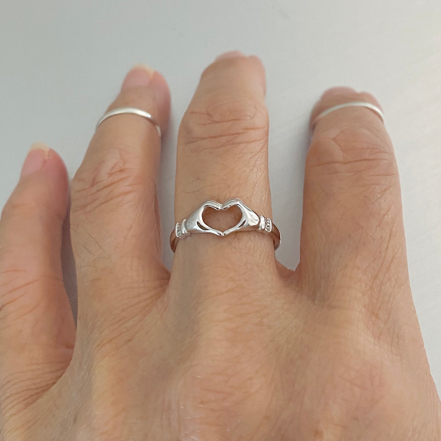 Sterling Silver Love Heart Hand Ring, Minimalist Claddagh Heart Silver Ring