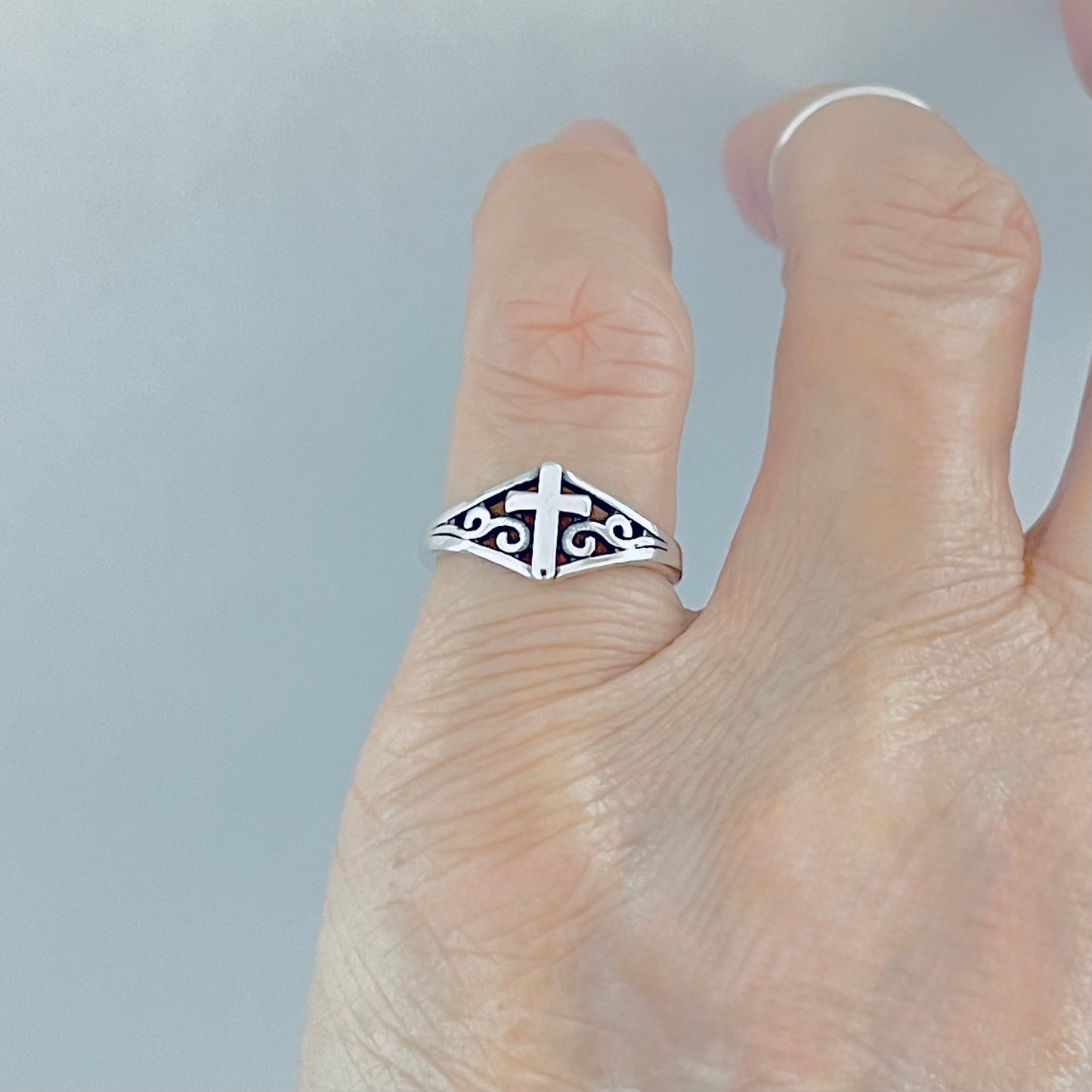 Sterling Silver Swirl Cross Ring – Dainty Religious Statement Rings