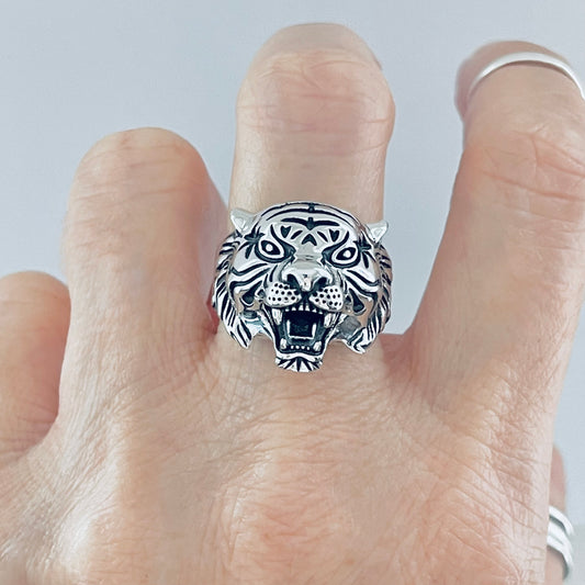 Sterling Silver Unisex Heavy Tiger Head Ring, Big Cat, Silver Rings, Animal Ring, Tigers