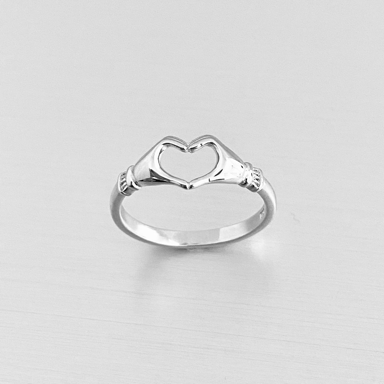 Sterling Silver Love Heart Hand Ring, Minimalist Claddagh Heart Silver Ring