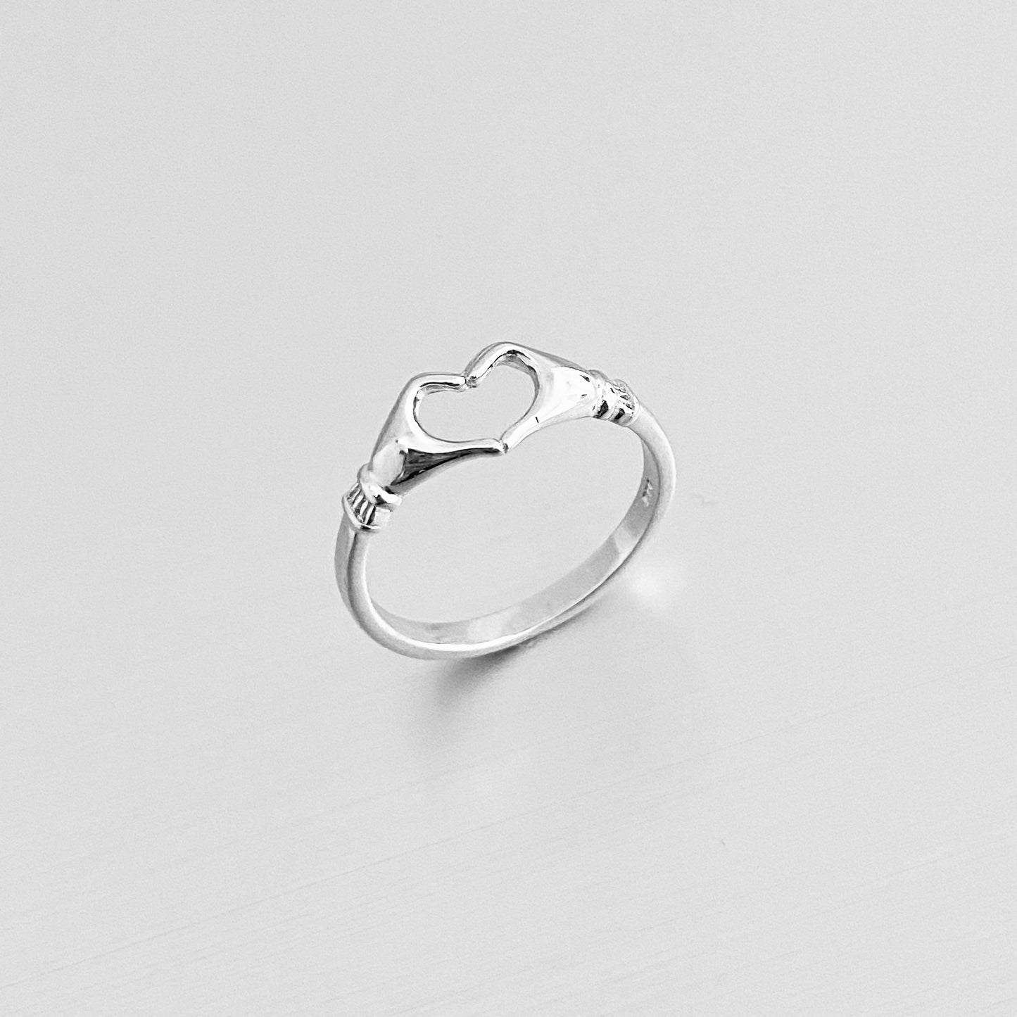 Sterling Silver Love Heart Hand Ring, Minimalist Claddagh Heart Silver Ring