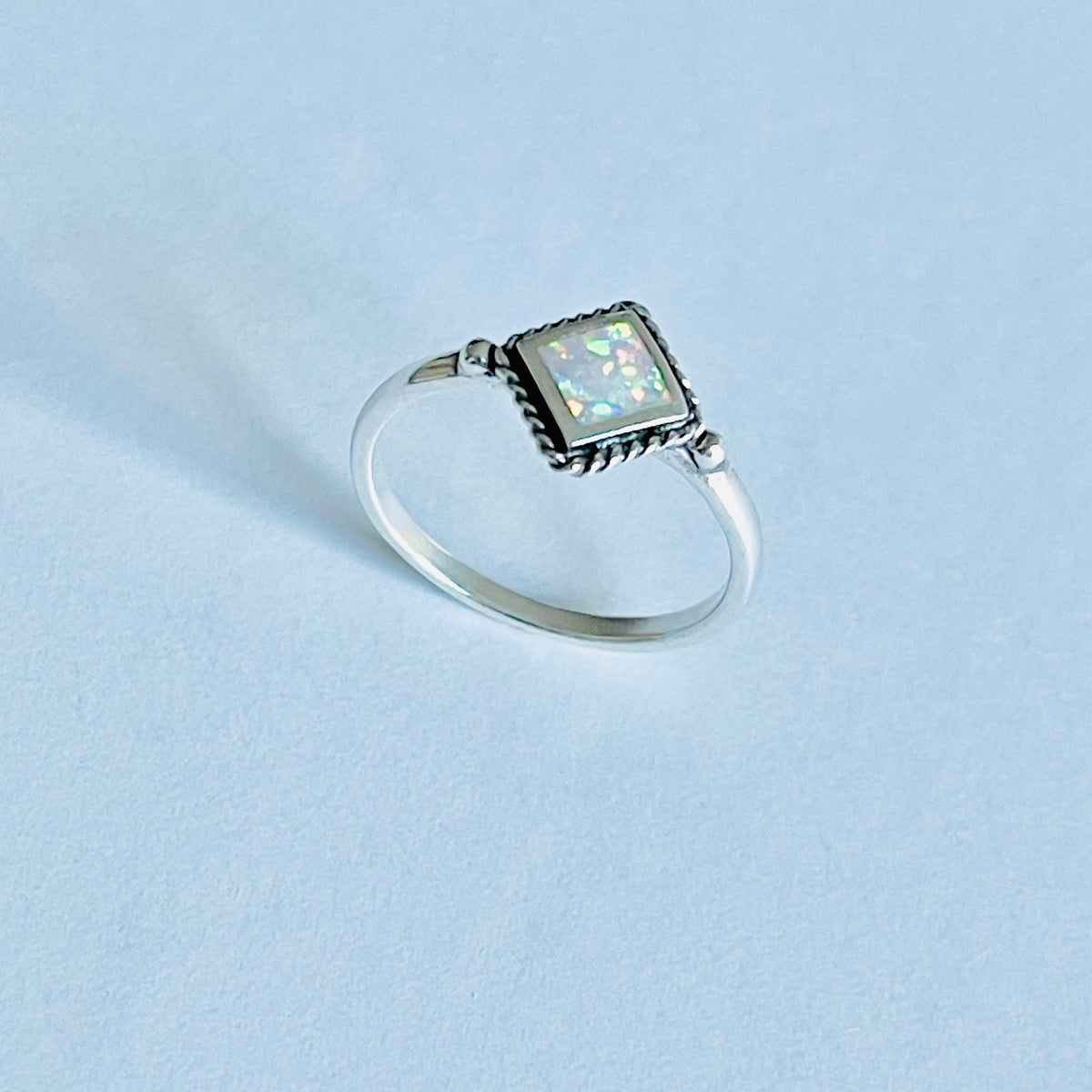 Sterling Silver Diamond Shape White Lab Opal Ring with Braid – Dainty October Birthstone Rings