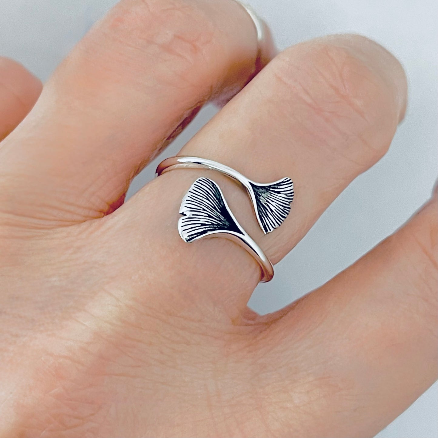 Sterling Silver Delicate Wraparound Ginkgo Leaf Ring | Fan Shaped Leaves Silver Rings