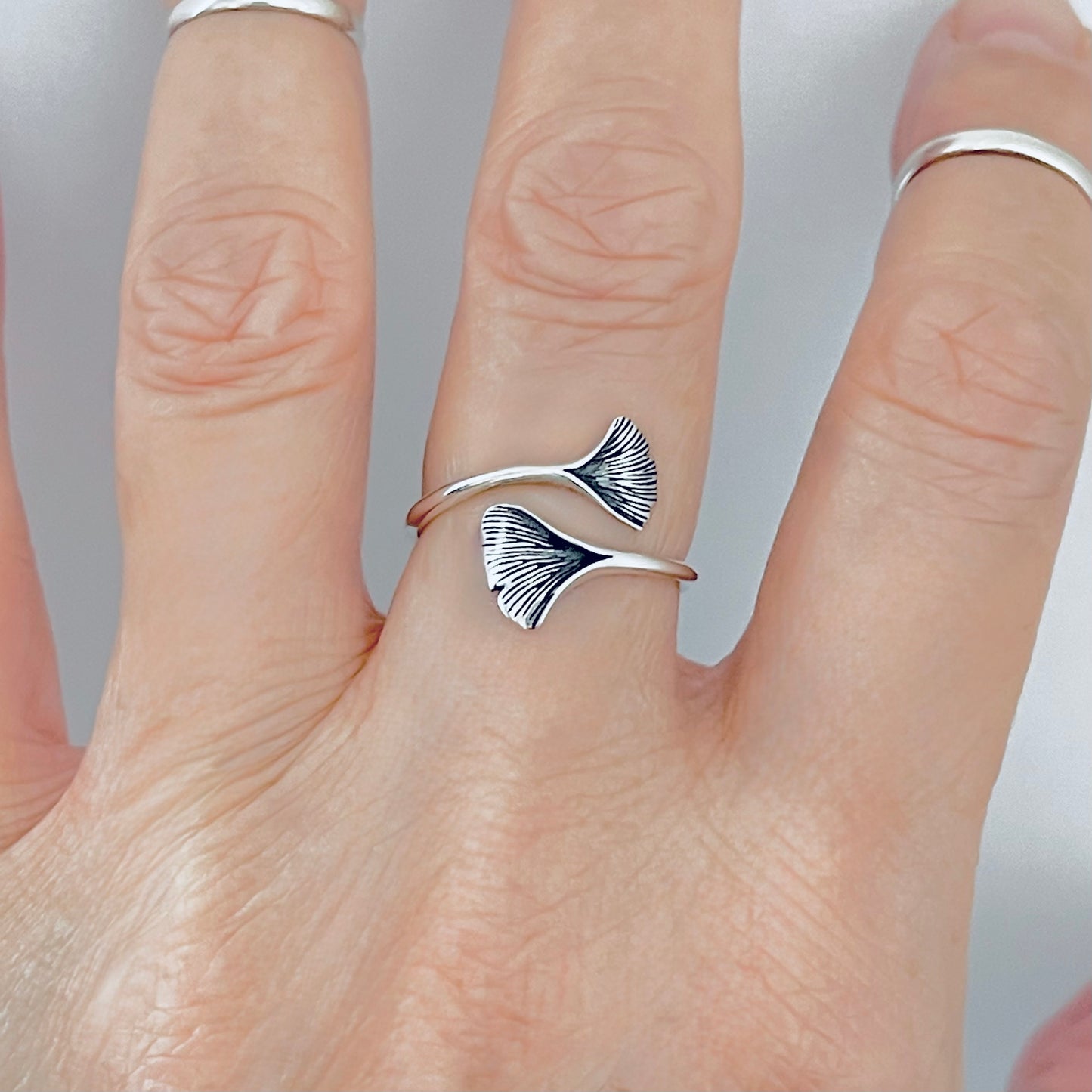 Sterling Silver Delicate Wraparound Ginkgo Leaf Ring | Fan Shaped Leaves Silver Rings