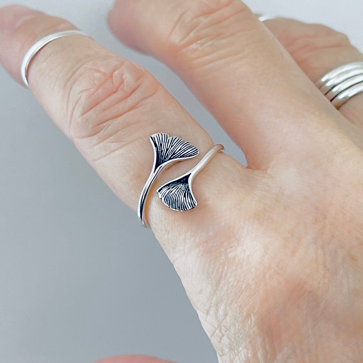 Sterling Silver Delicate Wraparound Ginkgo Leaf Ring | Fan Shaped Leaves Silver Rings