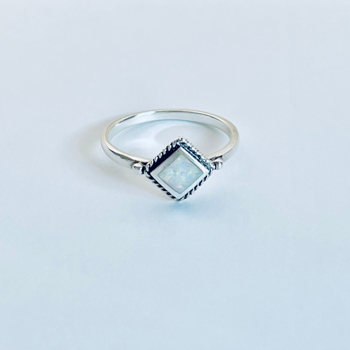 Sterling Silver Diamond Shape White Lab Opal Ring with Braid – Dainty October Birthstone Rings