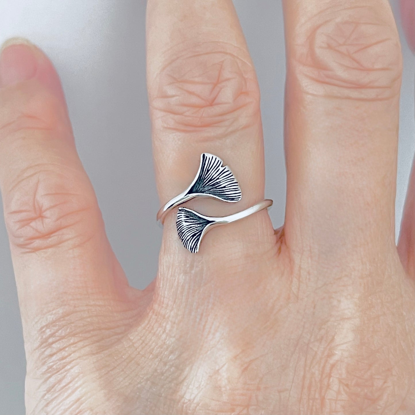 Sterling Silver Delicate Wraparound Ginkgo Leaf Ring | Fan Shaped Leaves Silver Rings