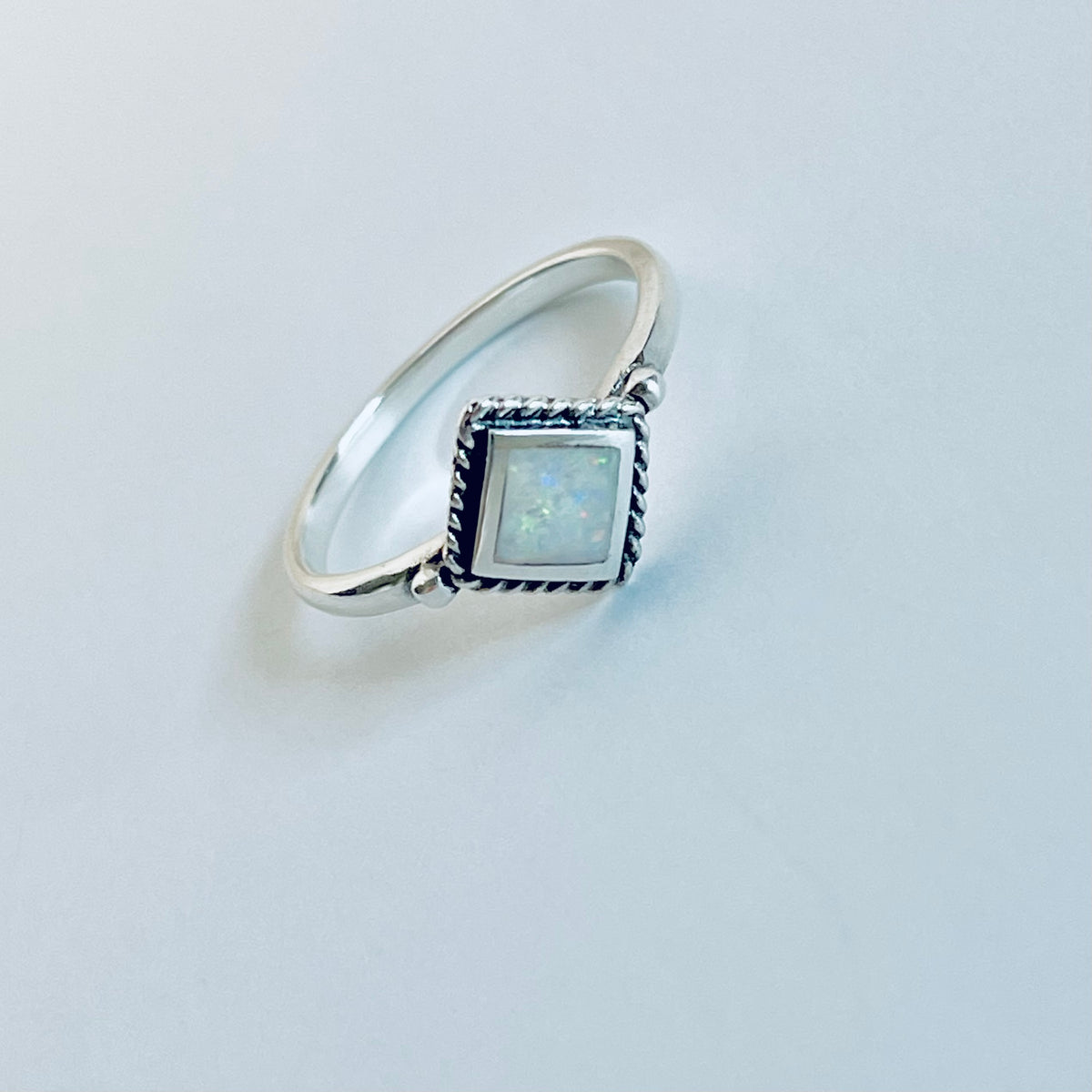 Sterling Silver Diamond Shape White Lab Opal Ring with Braid – Dainty October Birthstone Rings
