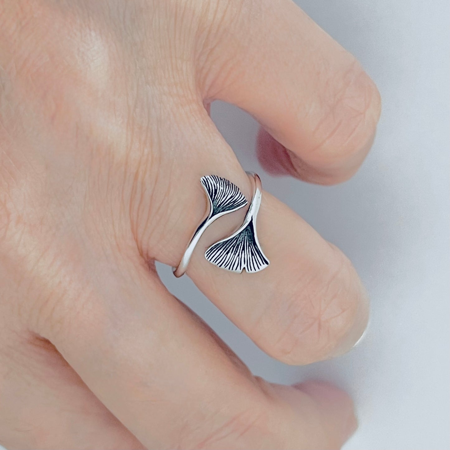 Sterling Silver Delicate Wraparound Ginkgo Leaf Ring | Fan Shaped Leaves Silver Rings