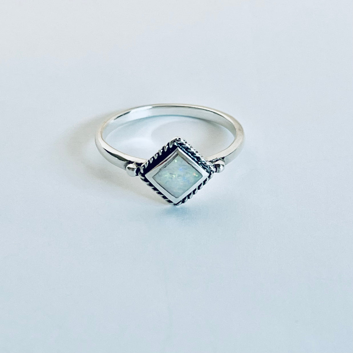 Sterling Silver Diamond Shape White Lab Opal Ring with Braid – Dainty October Birthstone Rings