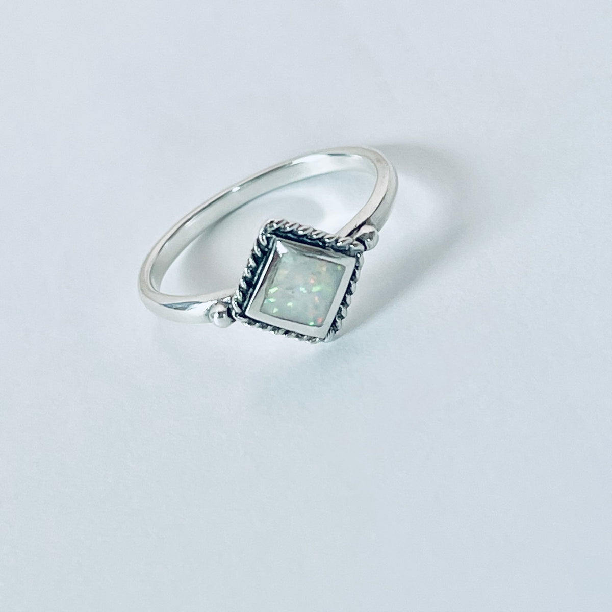 Sterling Silver Diamond Shape White Lab Opal Ring with Braid – Dainty October Birthstone Rings