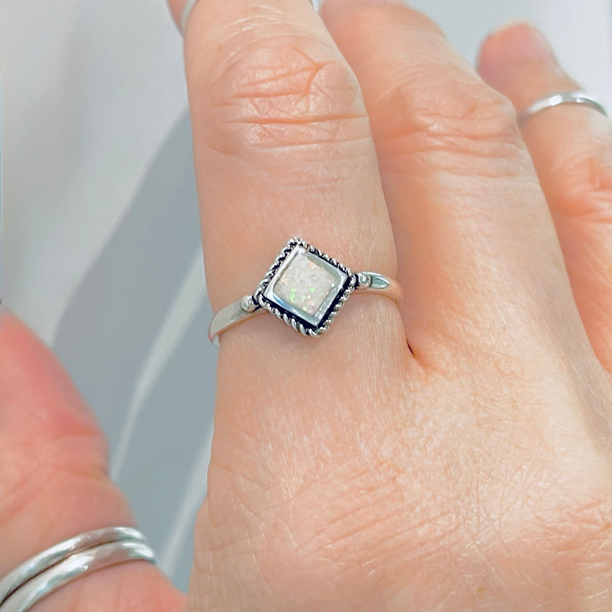 Sterling Silver Diamond Shape White Lab Opal Ring with Braid – Dainty October Birthstone Rings