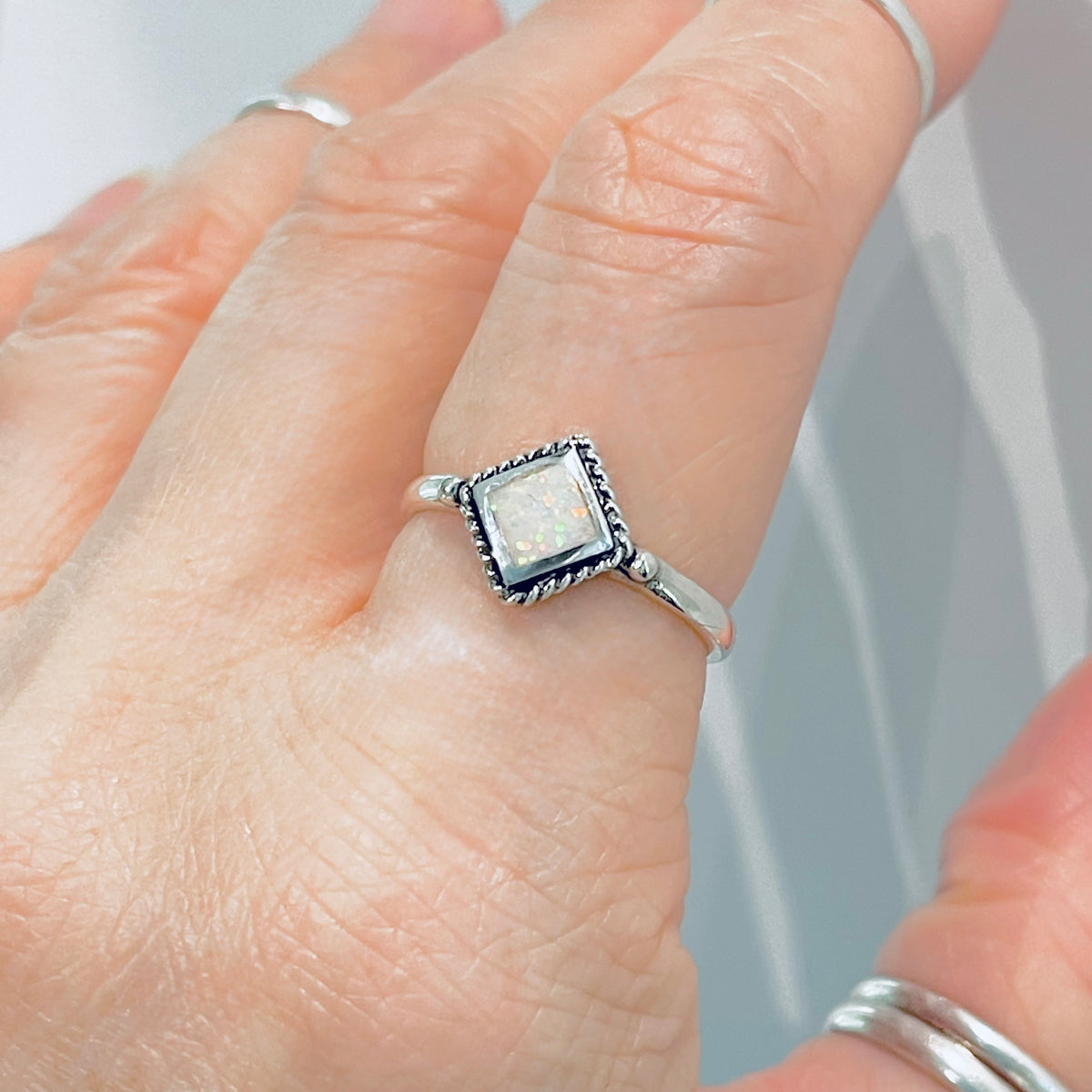 Sterling Silver Diamond Shape White Lab Opal Ring with Braid – Dainty October Birthstone Rings