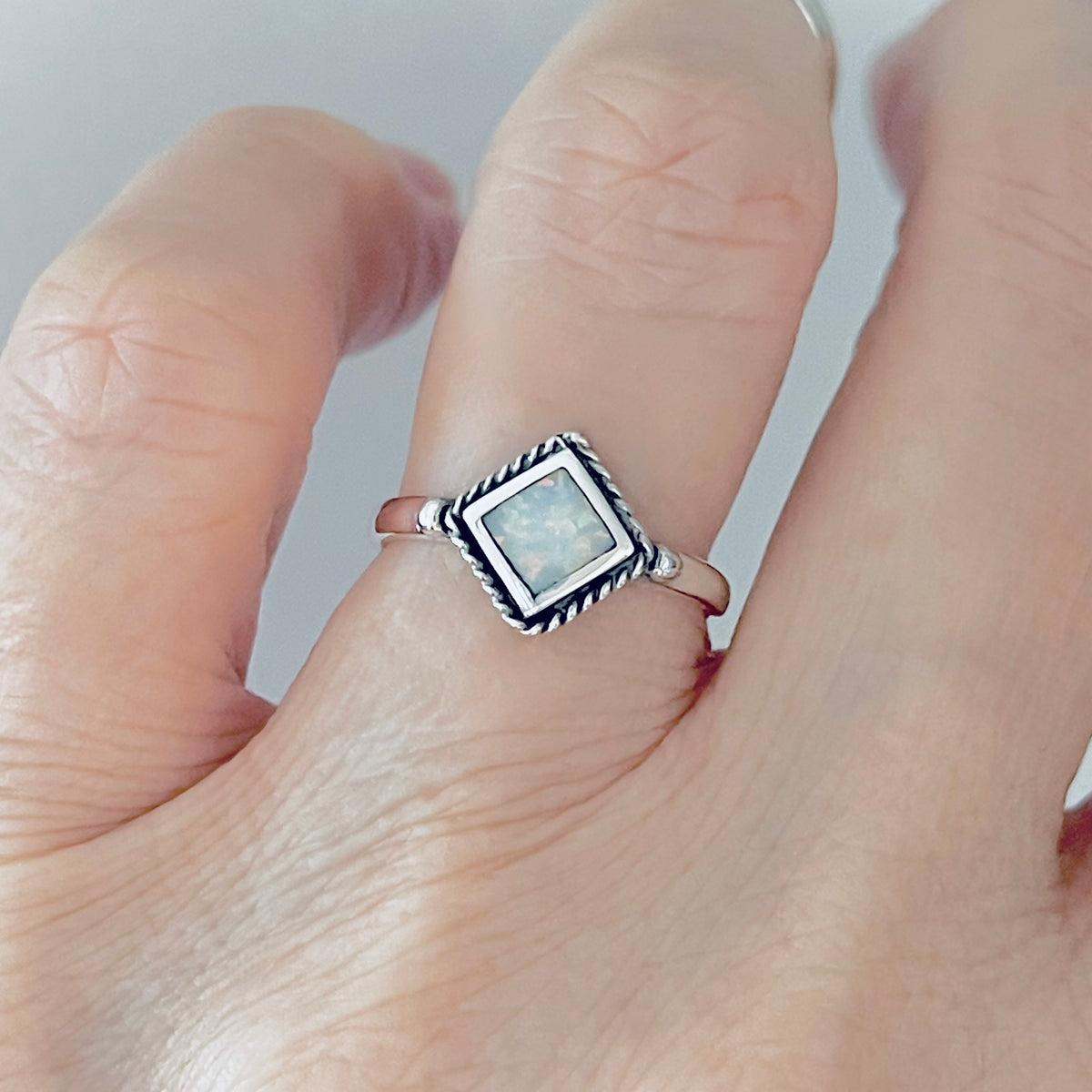 Sterling Silver Diamond Shape White Lab Opal Ring with Braid – Dainty October Birthstone Rings