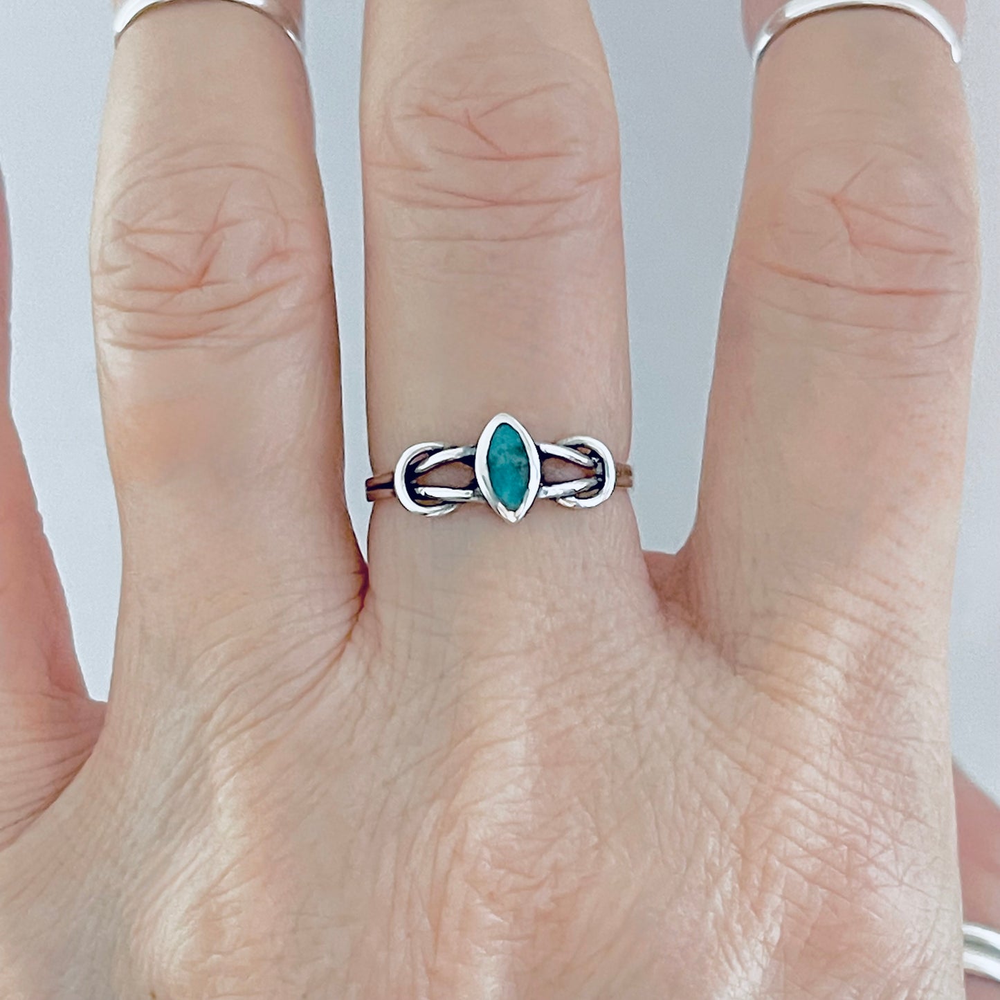 Sterling Silver Small Diamond Shape Turquoise Ring with Infinity Knots, Dainty Jewelry