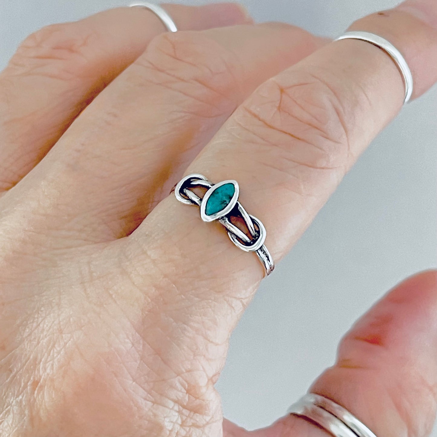 Sterling Silver Small Diamond Shape Turquoise Ring with Infinity Knots, Dainty Jewelry