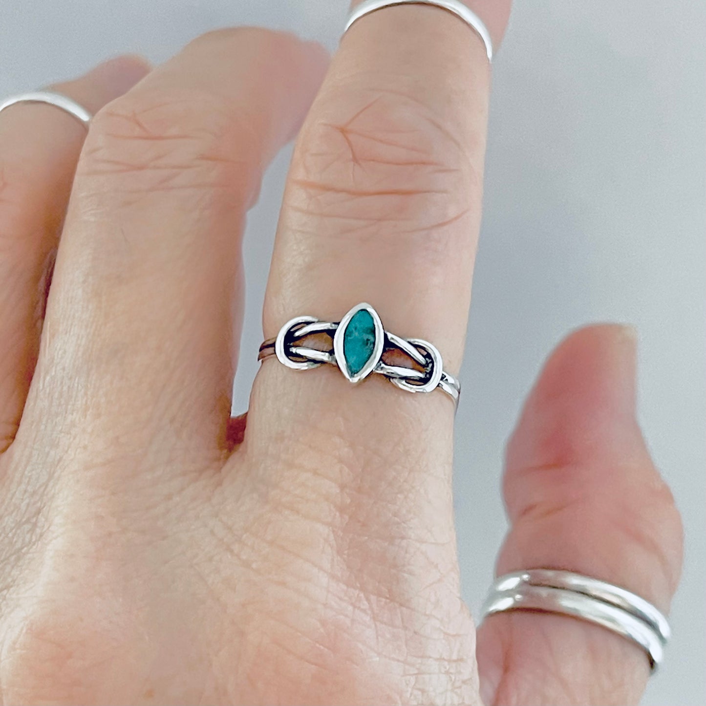Sterling Silver Small Diamond Shape Turquoise Ring with Infinity Knots, Dainty Jewelry