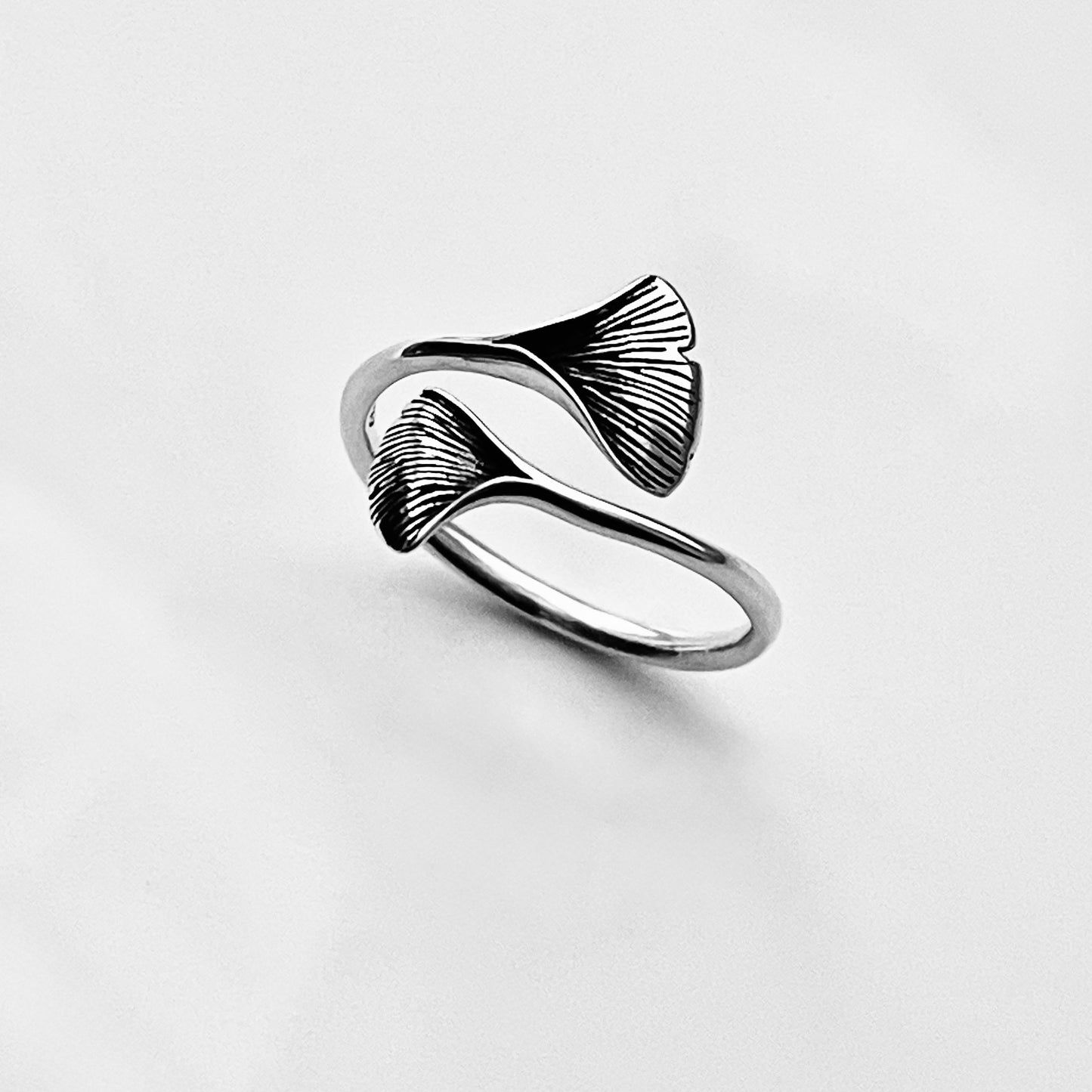Sterling Silver Delicate Wraparound Ginkgo Leaf Ring | Fan Shaped Leaves Silver Rings