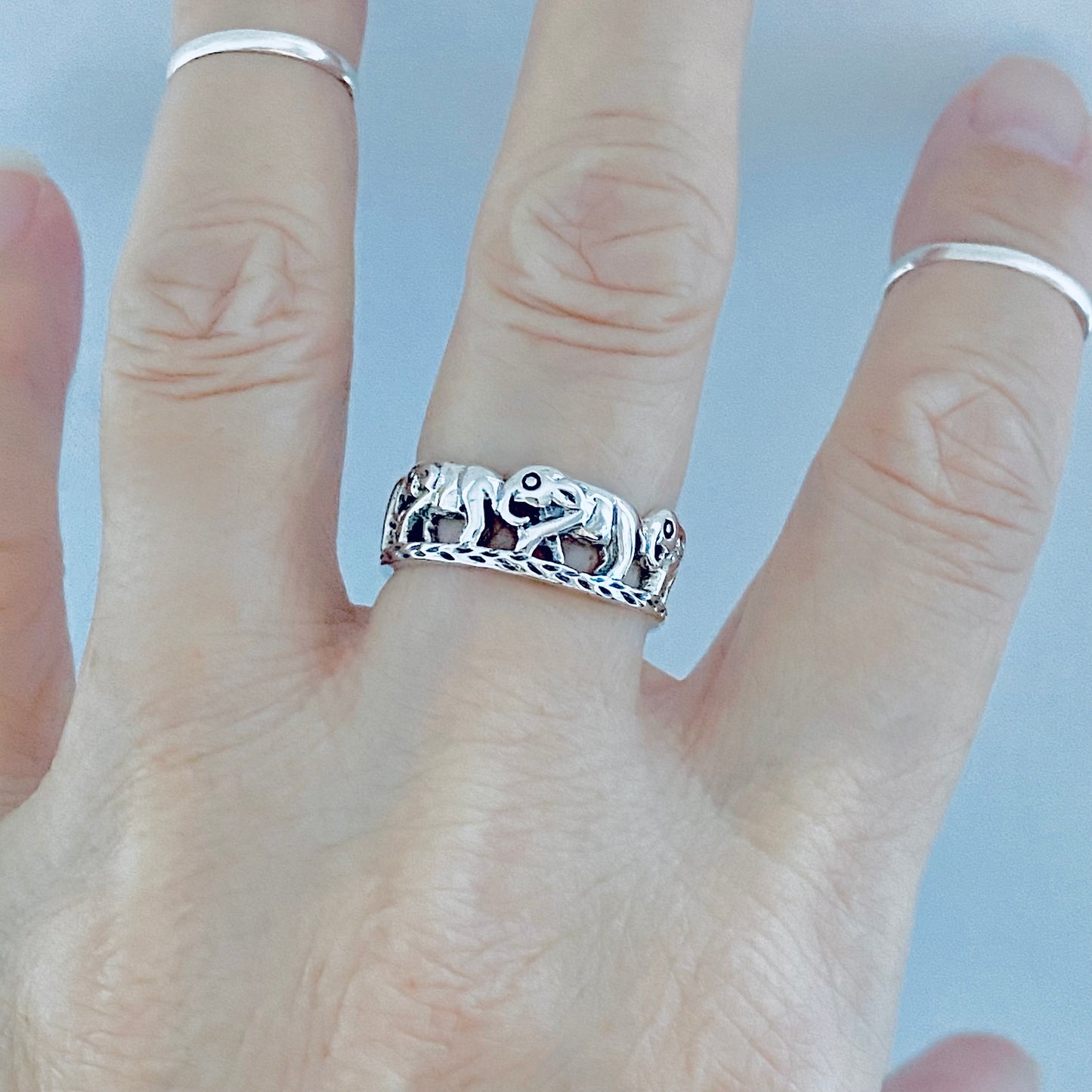 925 Sterling Silver Trunk Down Marching Elephants Ring | Unisex Lucky Animal Silver Rings