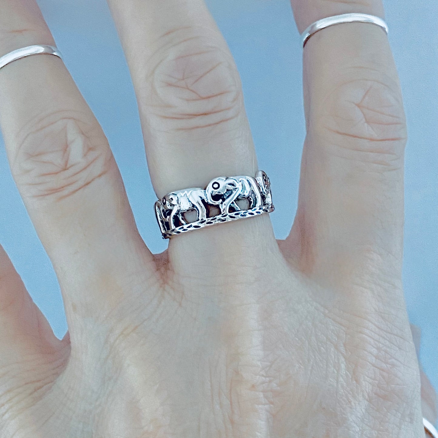 925 Sterling Silver Trunk Down Marching Elephants Ring | Unisex Lucky Animal Silver Rings