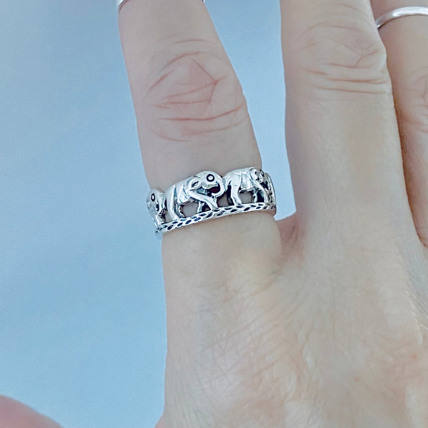 925 Sterling Silver Trunk Down Marching Elephants Ring | Unisex Lucky Animal Silver Rings