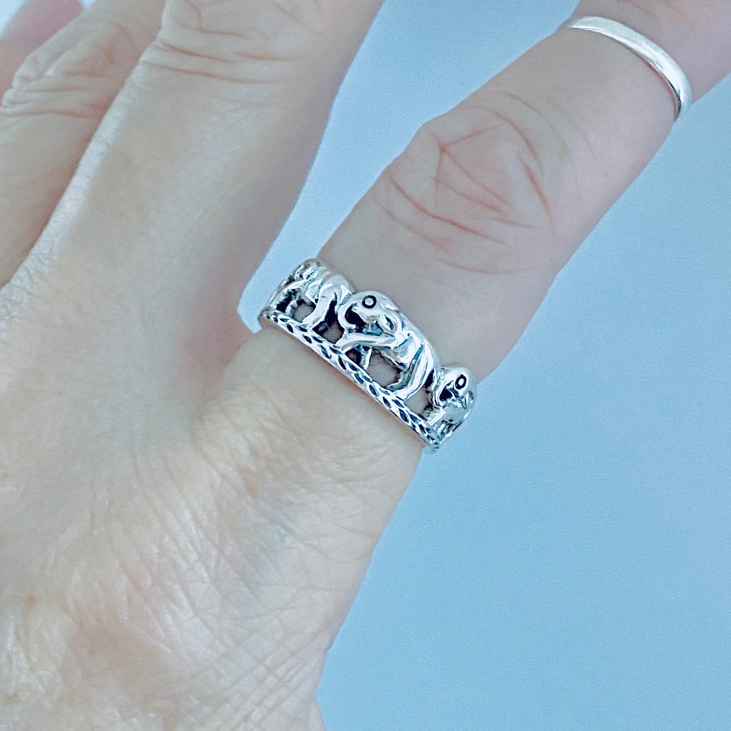 925 Sterling Silver Trunk Down Marching Elephants Ring | Unisex Lucky Animal Silver Rings