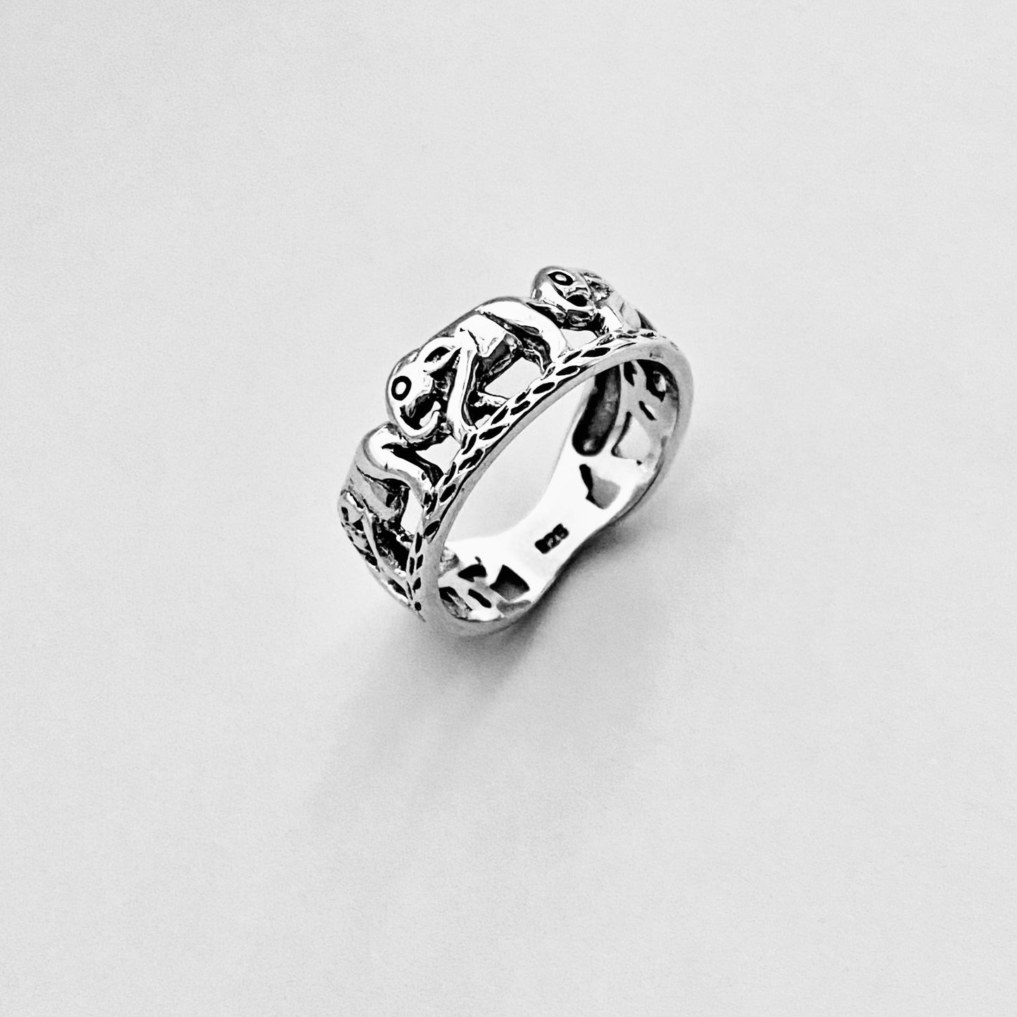 925 Sterling Silver Trunk Down Marching Elephants Ring | Unisex Lucky Animal Silver Rings