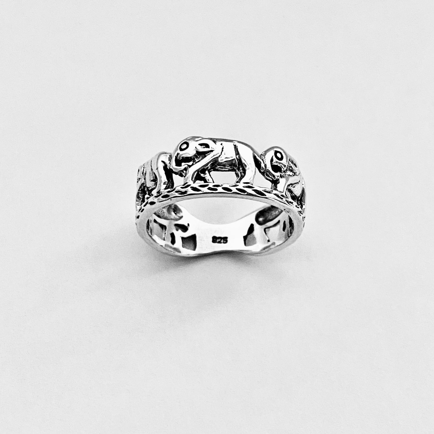 925 Sterling Silver Trunk Down Marching Elephants Ring | Unisex Lucky Animal Silver Rings