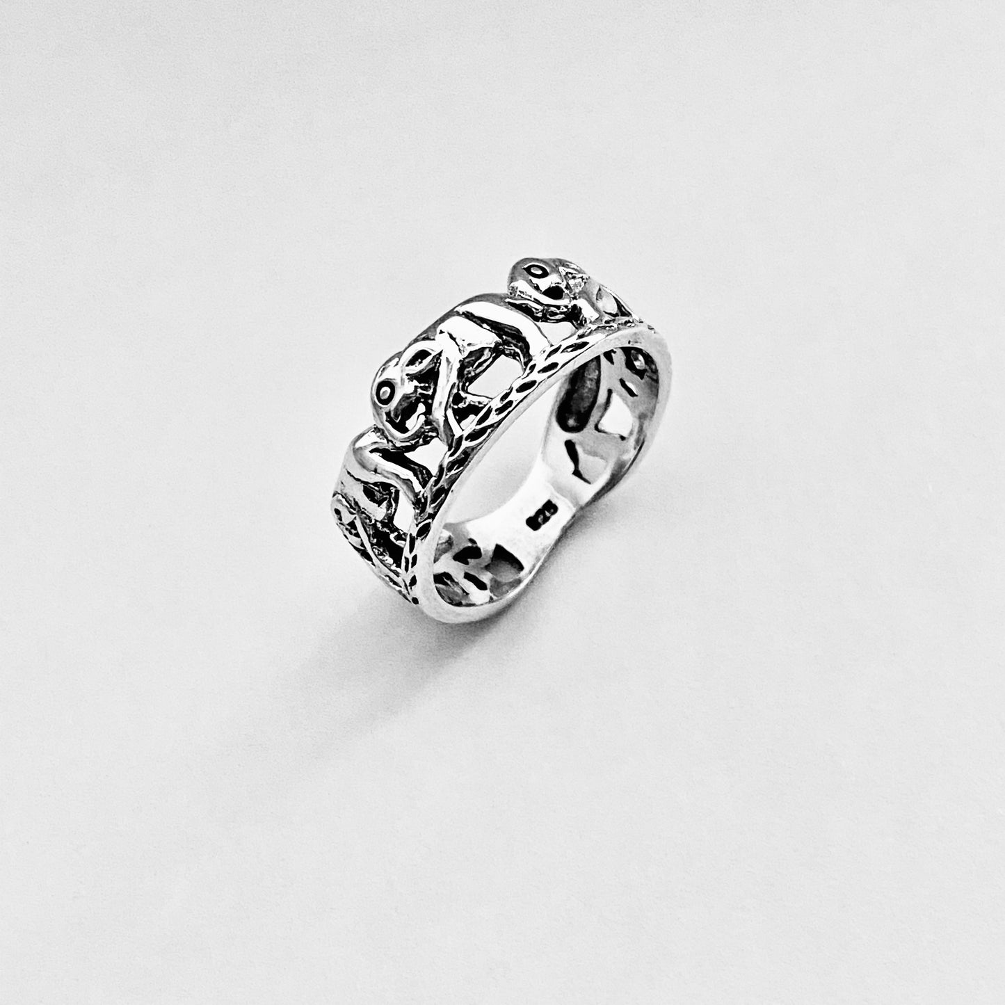 925 Sterling Silver Trunk Down Marching Elephants Ring | Unisex Lucky Animal Silver Rings