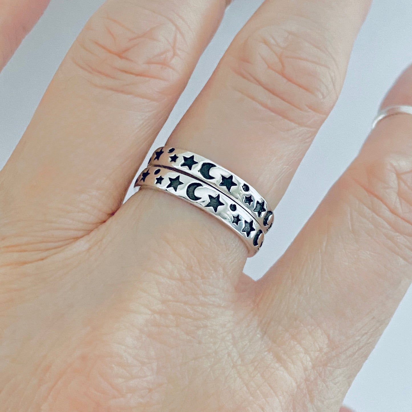 Sterling Silver Eternity Moon and Star Band – Celestial Stackable Silver Ring