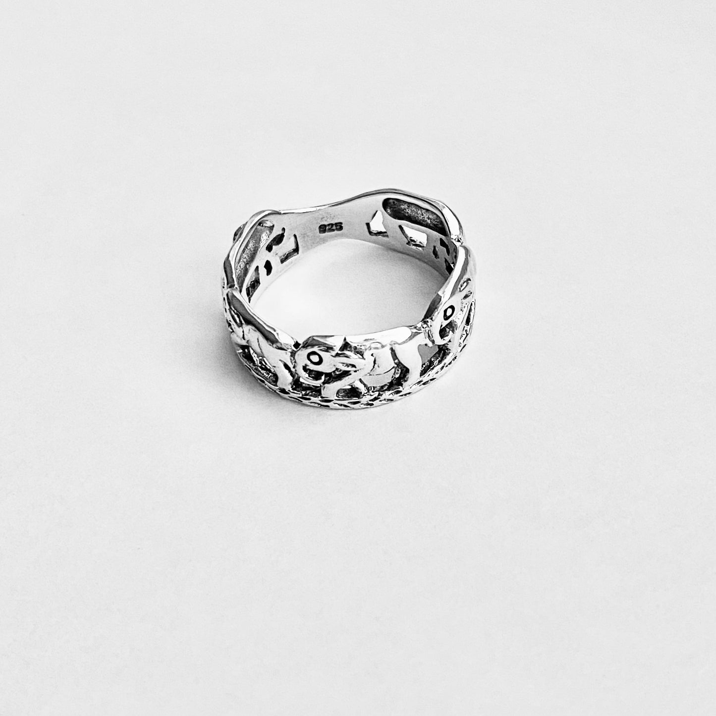 925 Sterling Silver Trunk Down Marching Elephants Ring | Unisex Lucky Animal Silver Rings