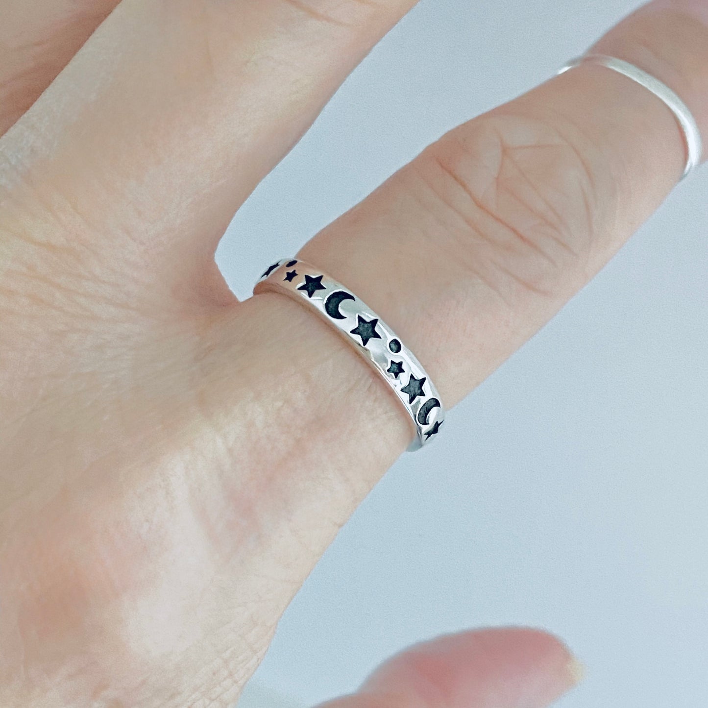 Sterling Silver Eternity Moon and Star Band – Celestial Stackable Silver Ring