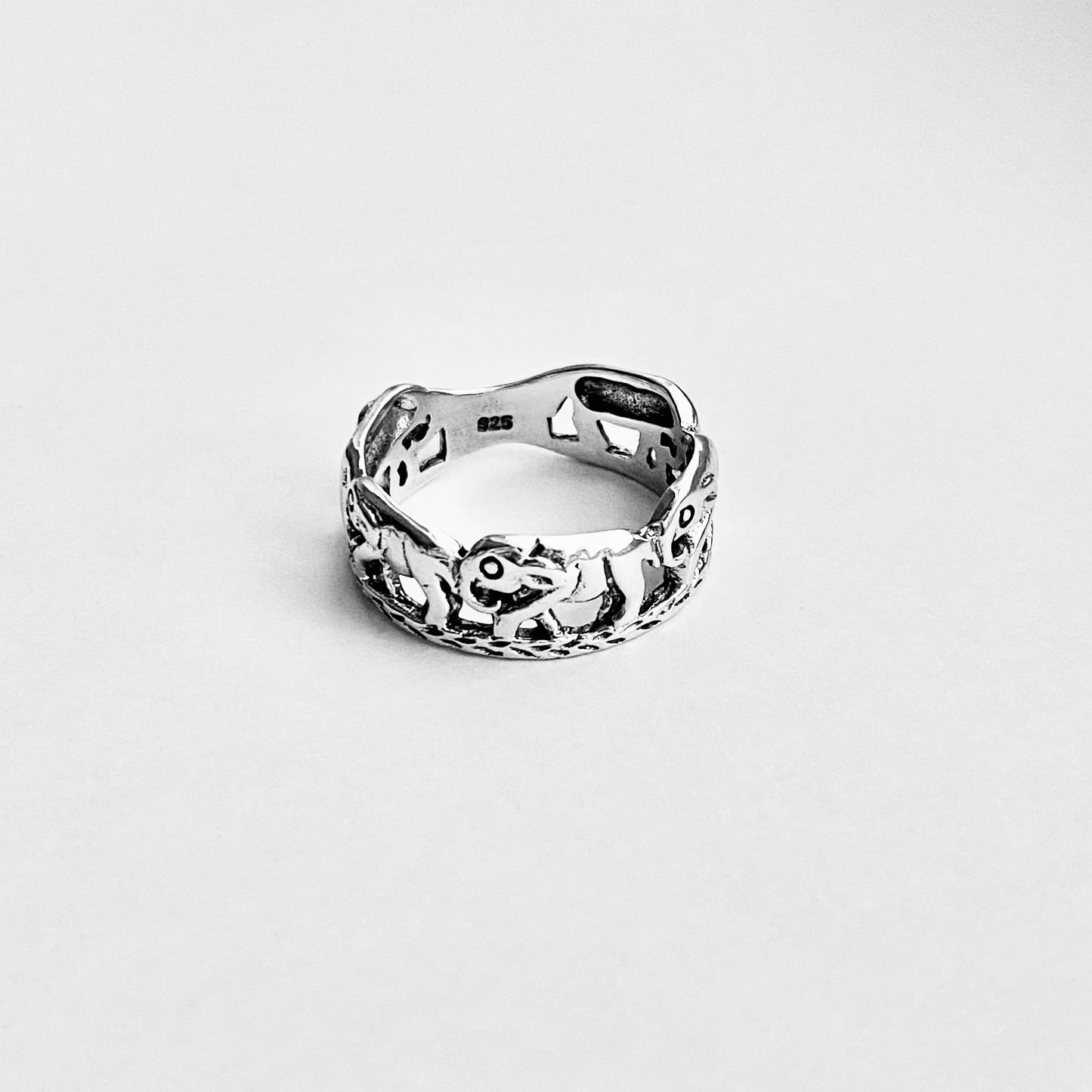 925 Sterling Silver Trunk Down Marching Elephants Ring | Unisex Lucky Animal Silver Rings
