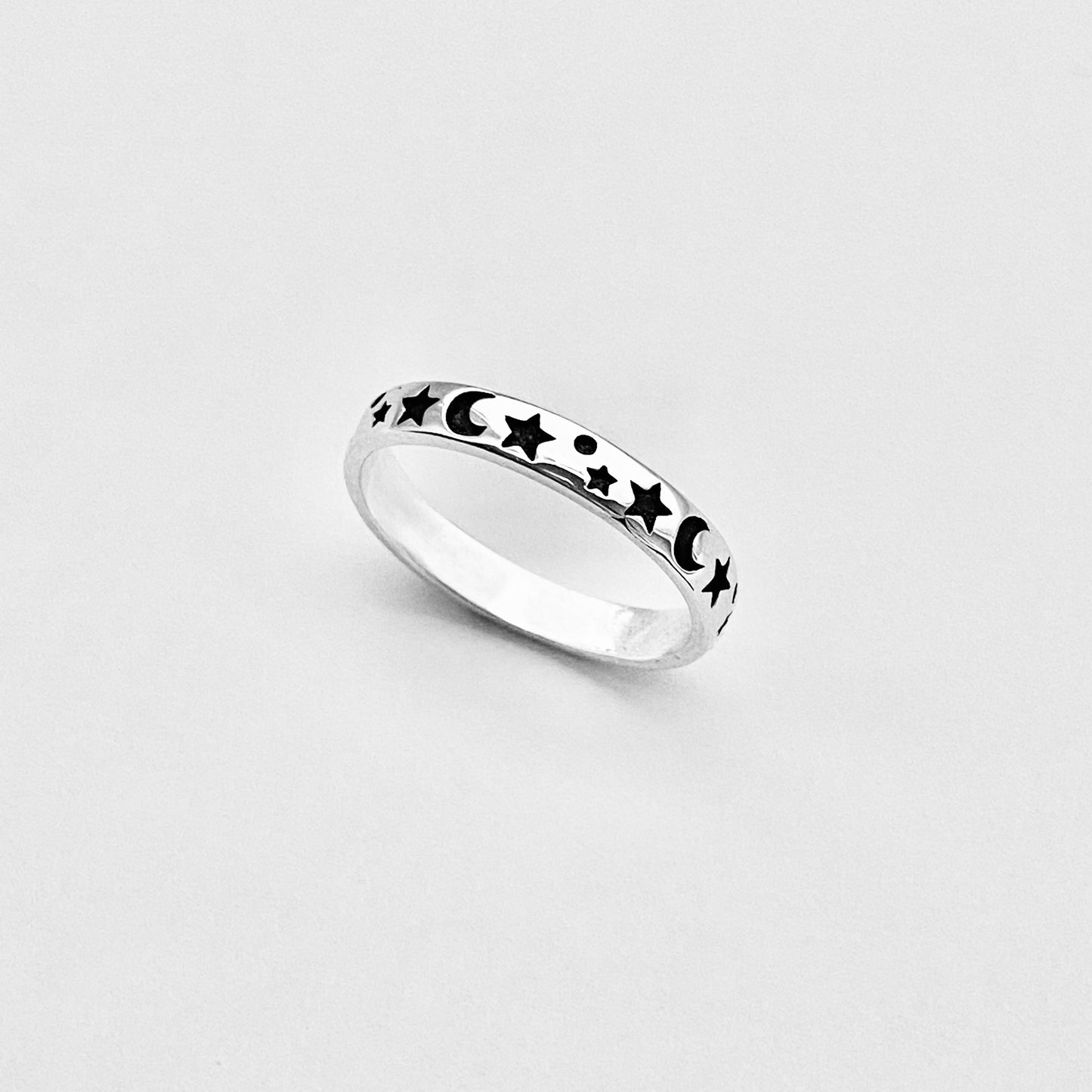 Sterling Silver Eternity Moon and Star Band – Celestial Stackable Silver Ring