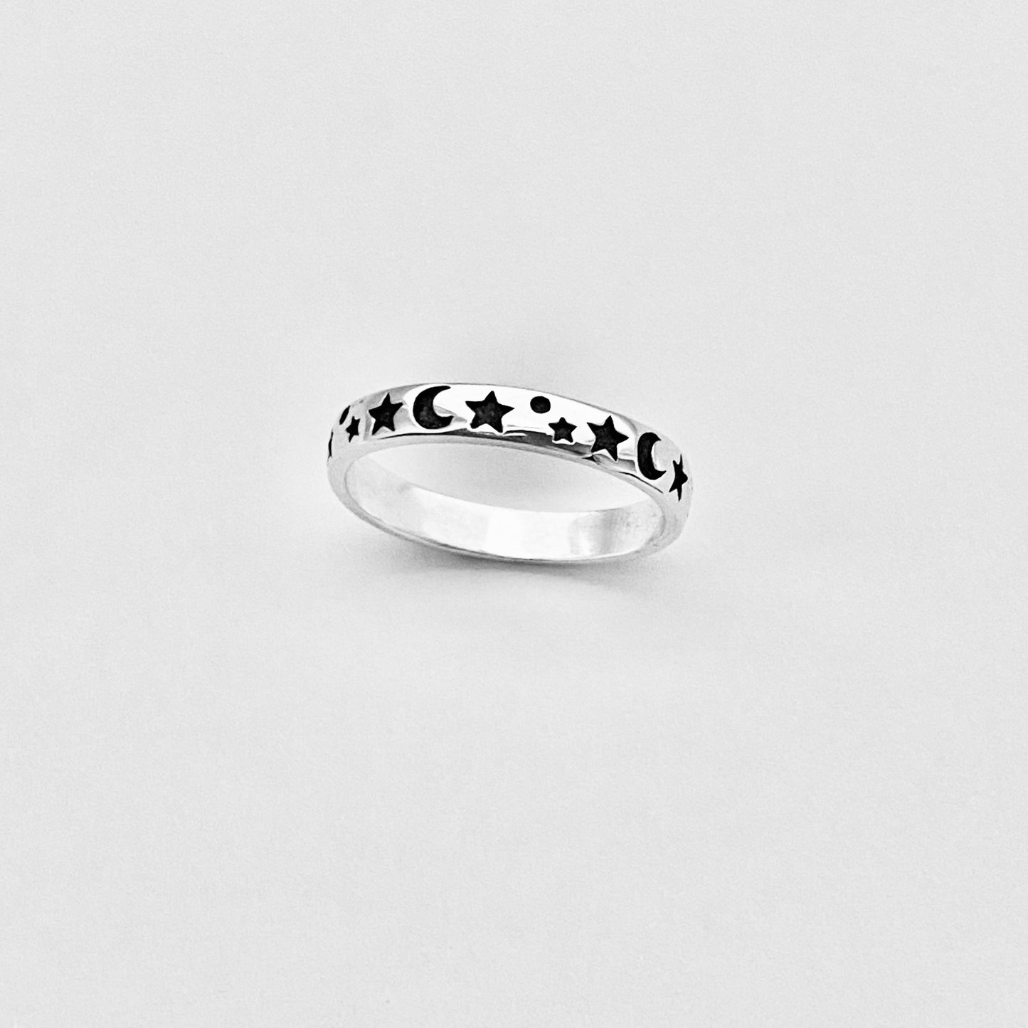 Sterling Silver Eternity Moon and Star Band – Celestial Stackable Silver Ring