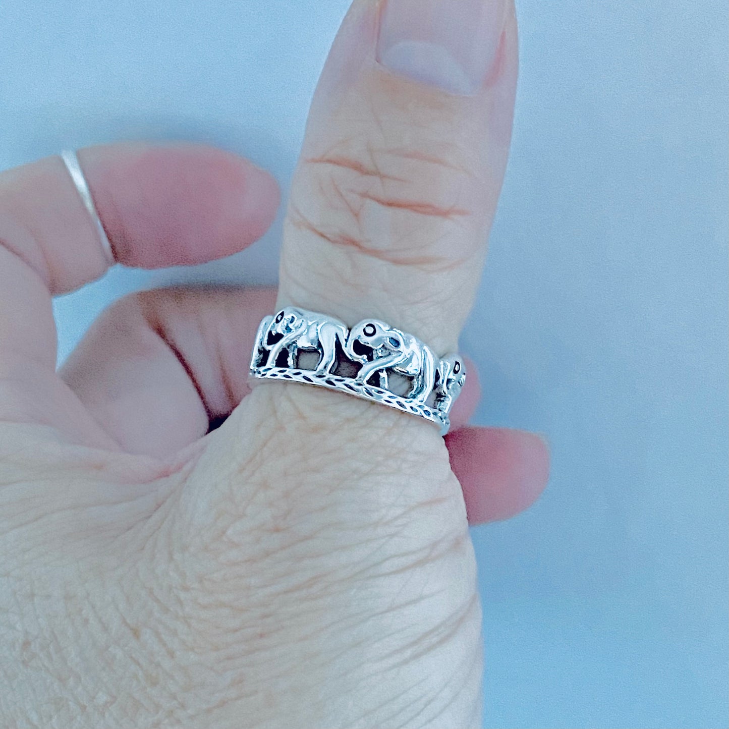 925 Sterling Silver Trunk Down Marching Elephants Ring | Unisex Lucky Animal Silver Rings