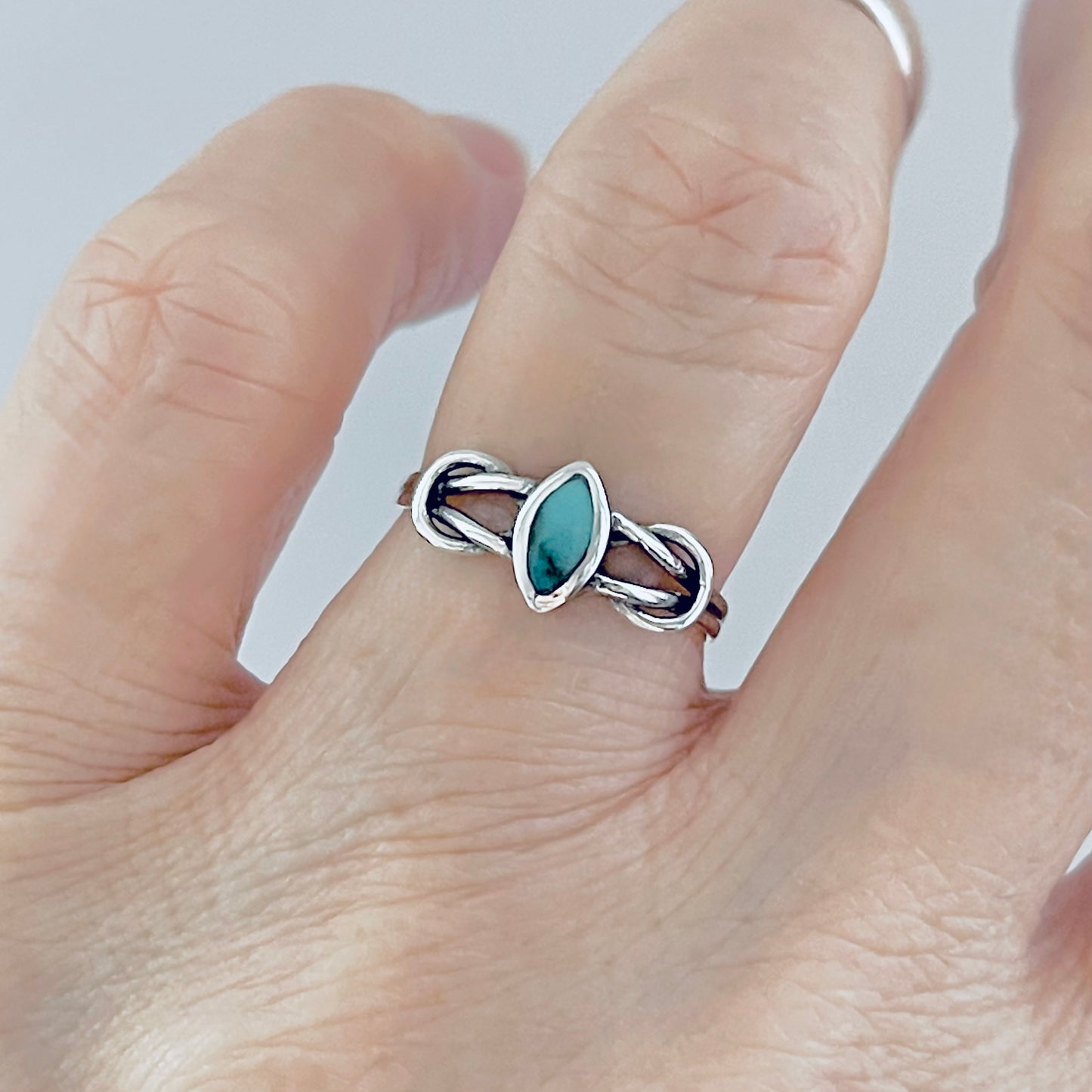 Sterling Silver Small Diamond Shape Turquoise Ring with Infinity Knots, Dainty Jewelry