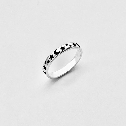 Sterling Silver Eternity Moon and Star Band – Celestial Stackable Silver Ring