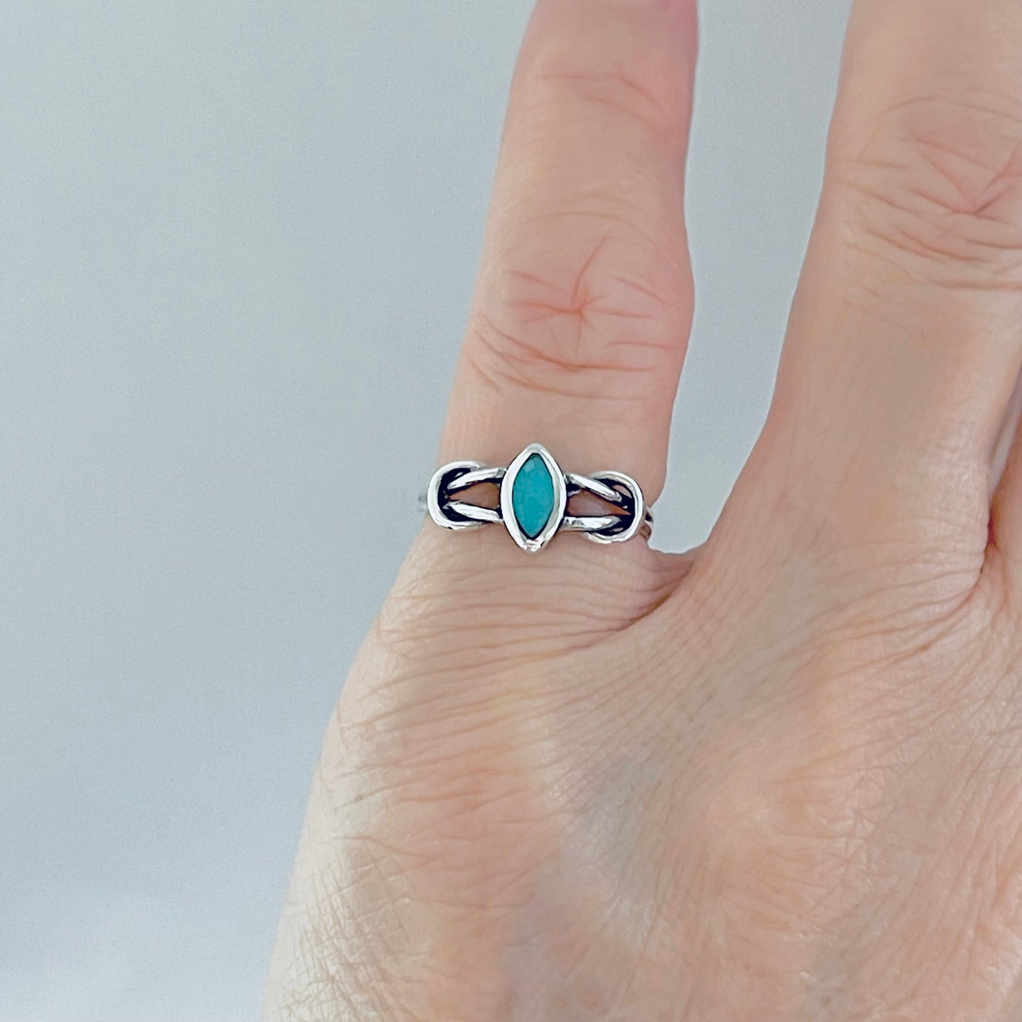 Sterling Silver Small Diamond Shape Turquoise Ring with Infinity Knots, Dainty Jewelry