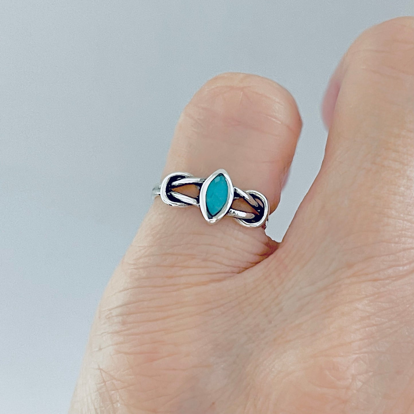 Sterling Silver Small Diamond Shape Turquoise Ring with Infinity Knots, Dainty Jewelry