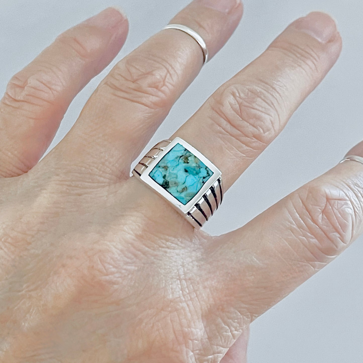 Sterling Silver Unisex Square Genuine Turquoise Ring, Statement Stone Jewelry