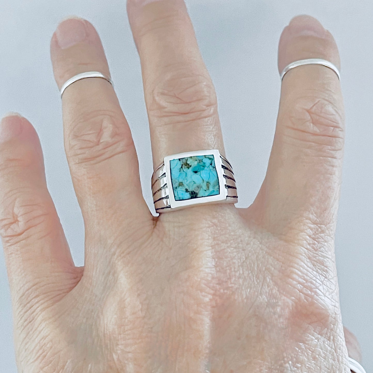 Sterling Silver Unisex Square Genuine Turquoise Ring, Statement Stone Jewelry