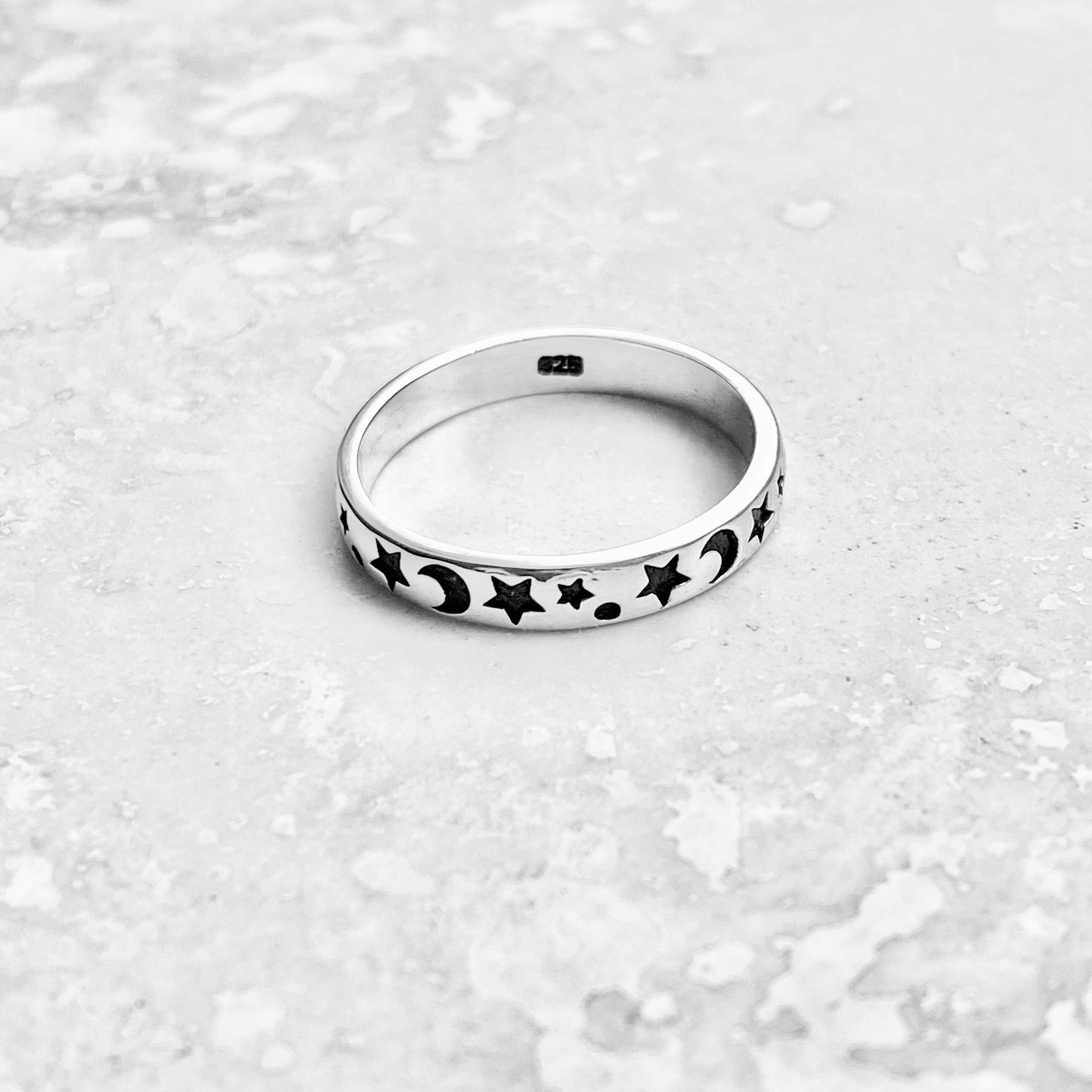 Sterling Silver Eternity Moon and Star Band – Celestial Stackable Silver Ring