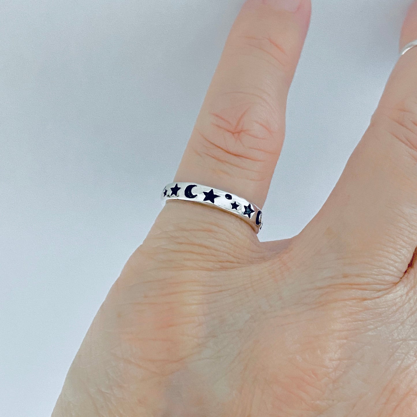 Sterling Silver Eternity Moon and Star Band – Celestial Stackable Silver Ring