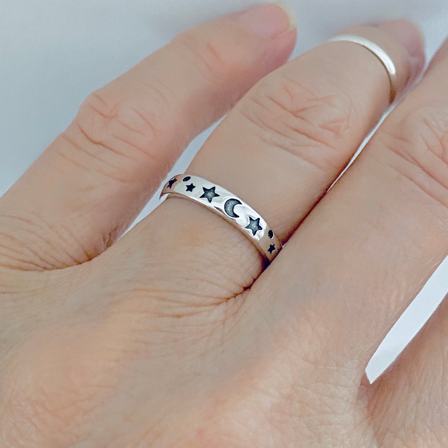 Sterling Silver Eternity Moon and Star Band – Celestial Stackable Silver Ring