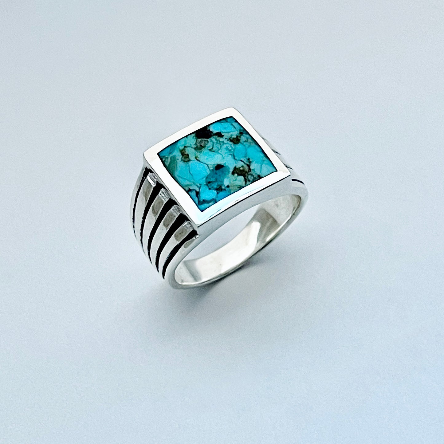 Sterling Silver Unisex Square Genuine Turquoise Ring, Statement Stone Jewelry
