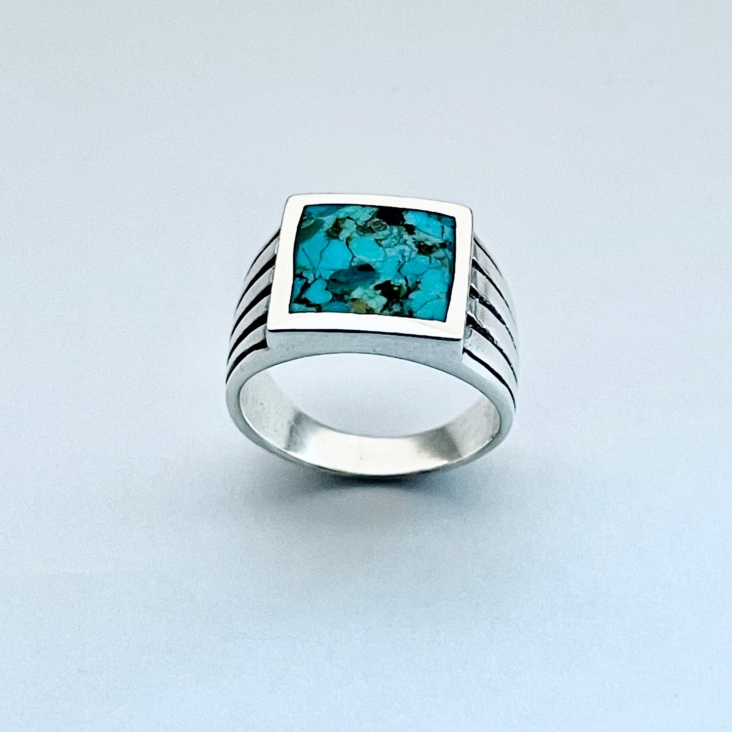 Sterling Silver Unisex Square Genuine Turquoise Ring, Statement Stone Jewelry