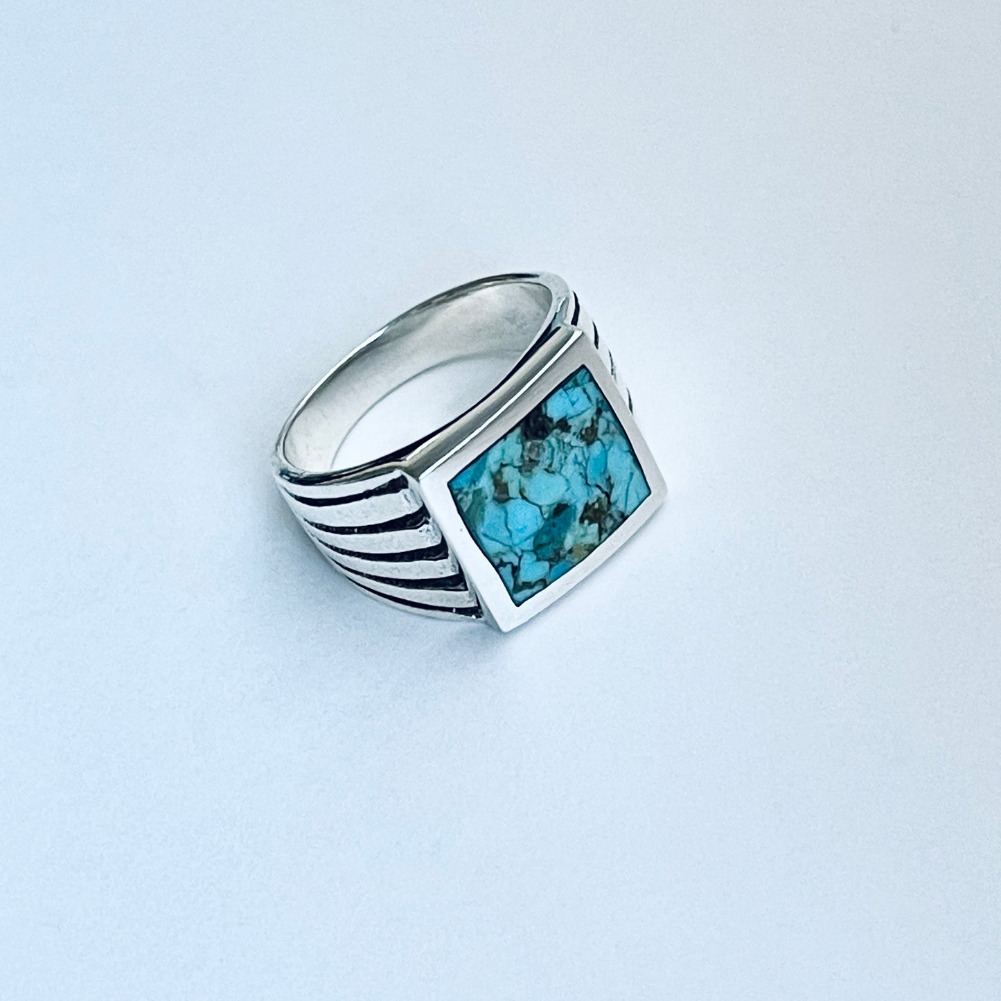 Sterling Silver Unisex Square Genuine Turquoise Ring, Statement Stone Jewelry